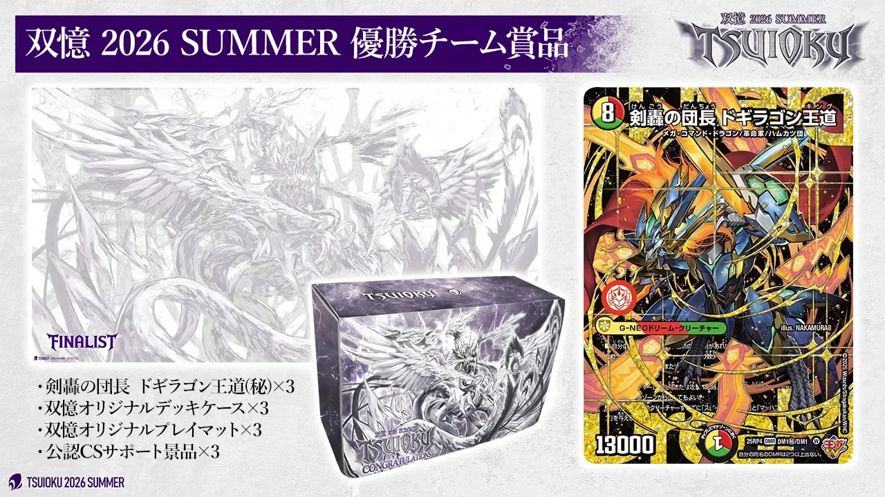 優勝チーム賞品。剣轟の団長 ドギラゴン王道 (シークレット) ×3、双憶オリジナルデッキケース ×3、双憶オリジナルプレイマット ×3、公認CSサポート景品 ×3