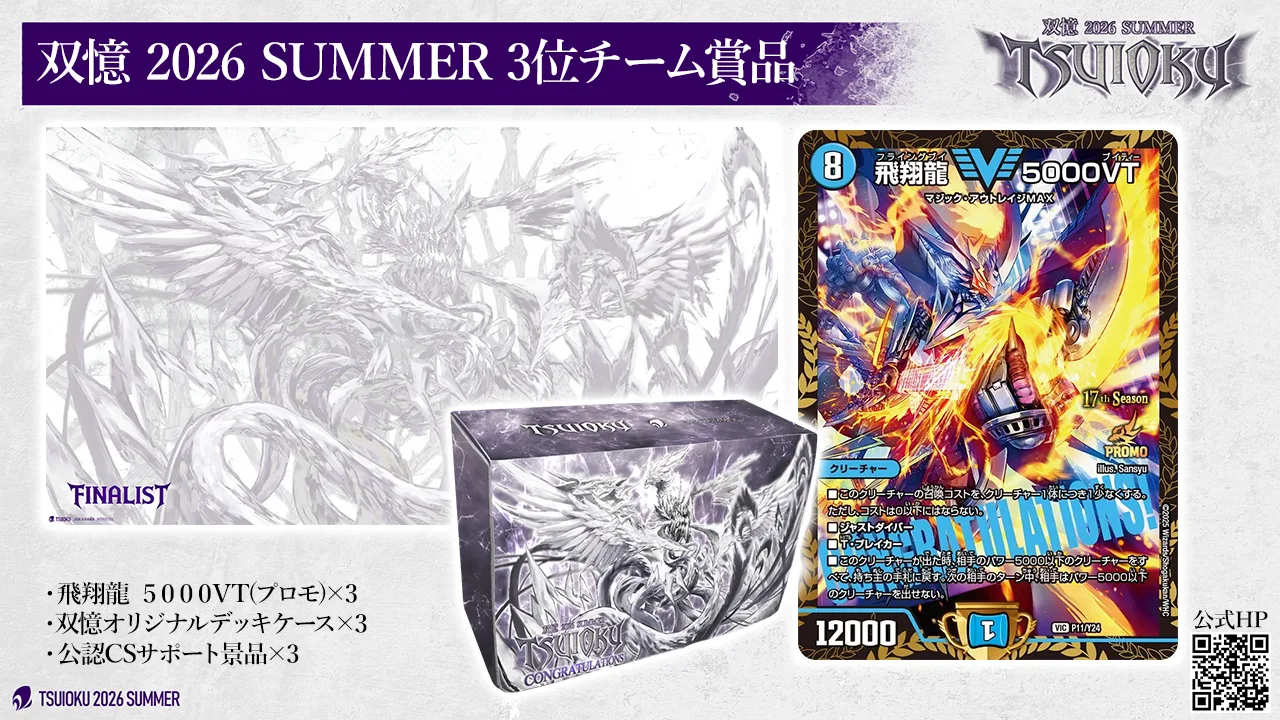 3 位チーム賞品。飛翔龍 5000VT (プロモ) ×3、双憶オリジナルデッキケース ×3、公認CSサポート景品 ×3